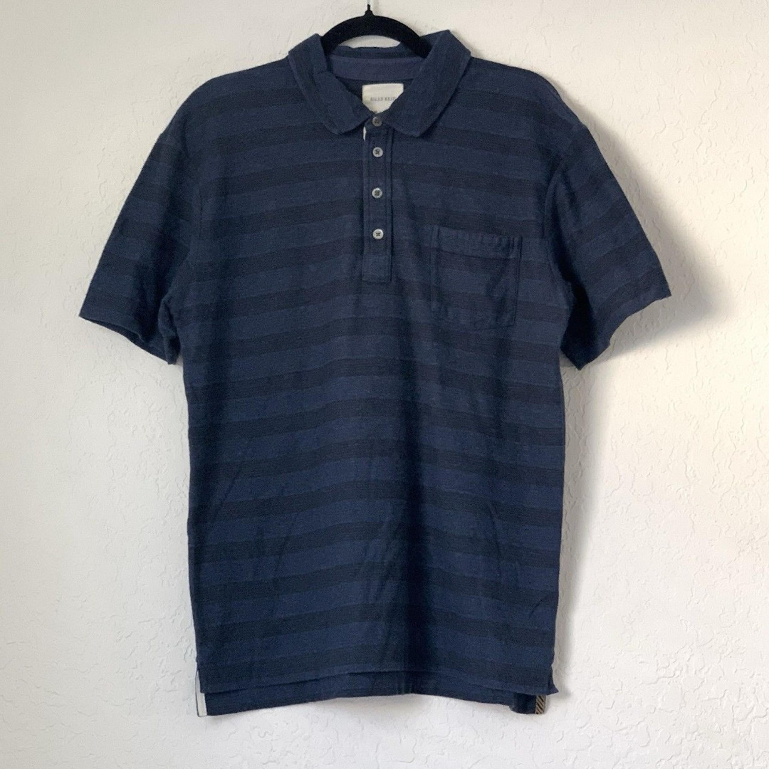 Billy Reid Polo Shirt Men XL Navy Blue Stripe Short Sleeve Casual Preppy Golf