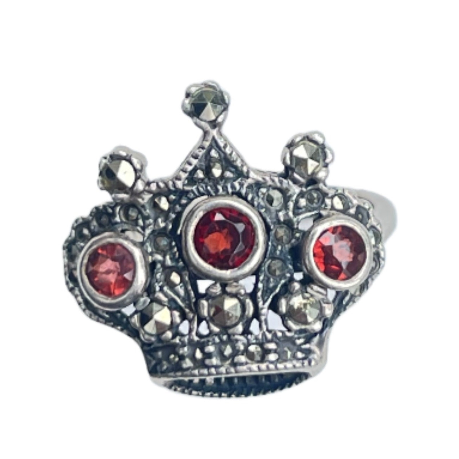 Art Deco Garnet Crown Ring - Sterling Silver - Size 7