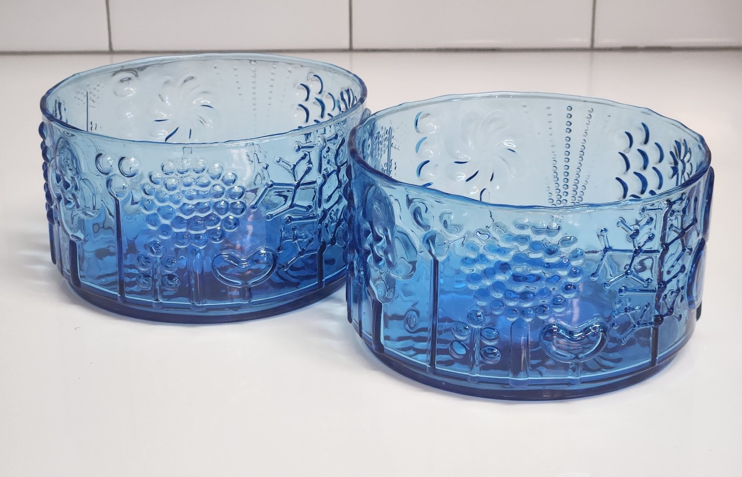 Vintage Iittala Oiva Toikka Cyan Blue Flora Glass Bowls Set of 2