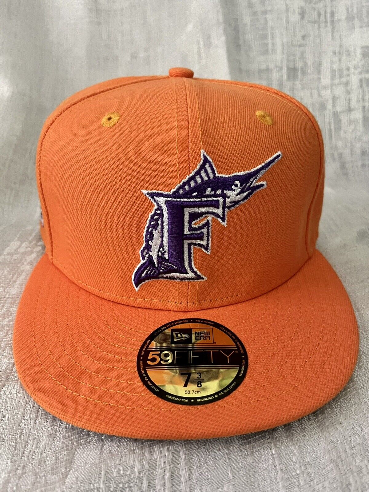 New Era Florida Marlins World Series Patch Orange Purple UV 59Fifty Hat 7 3/8