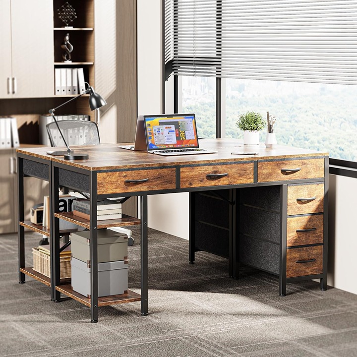 Huuger Computer Desk with 6 Drawers, 47 Inch Office Desk with Shelves, Reversibl