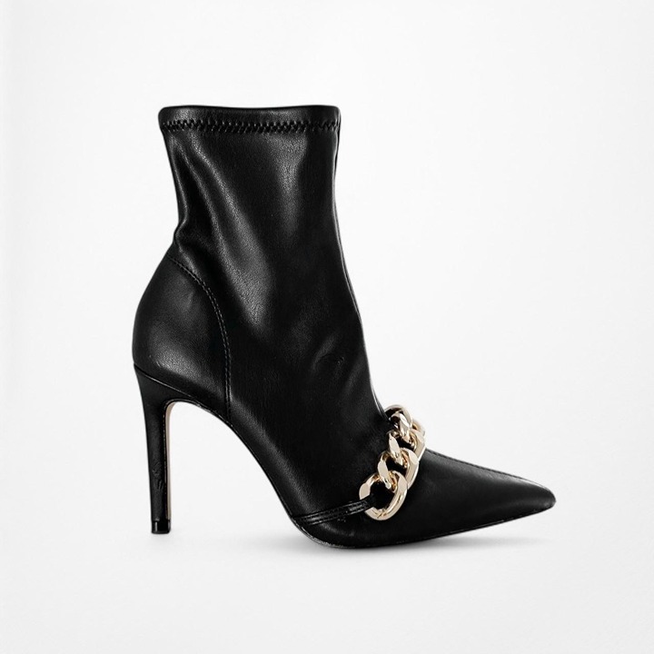 Zara Black Faux Leather Gold Chain Pointy Toe Stiletto Bootie Boots Heel