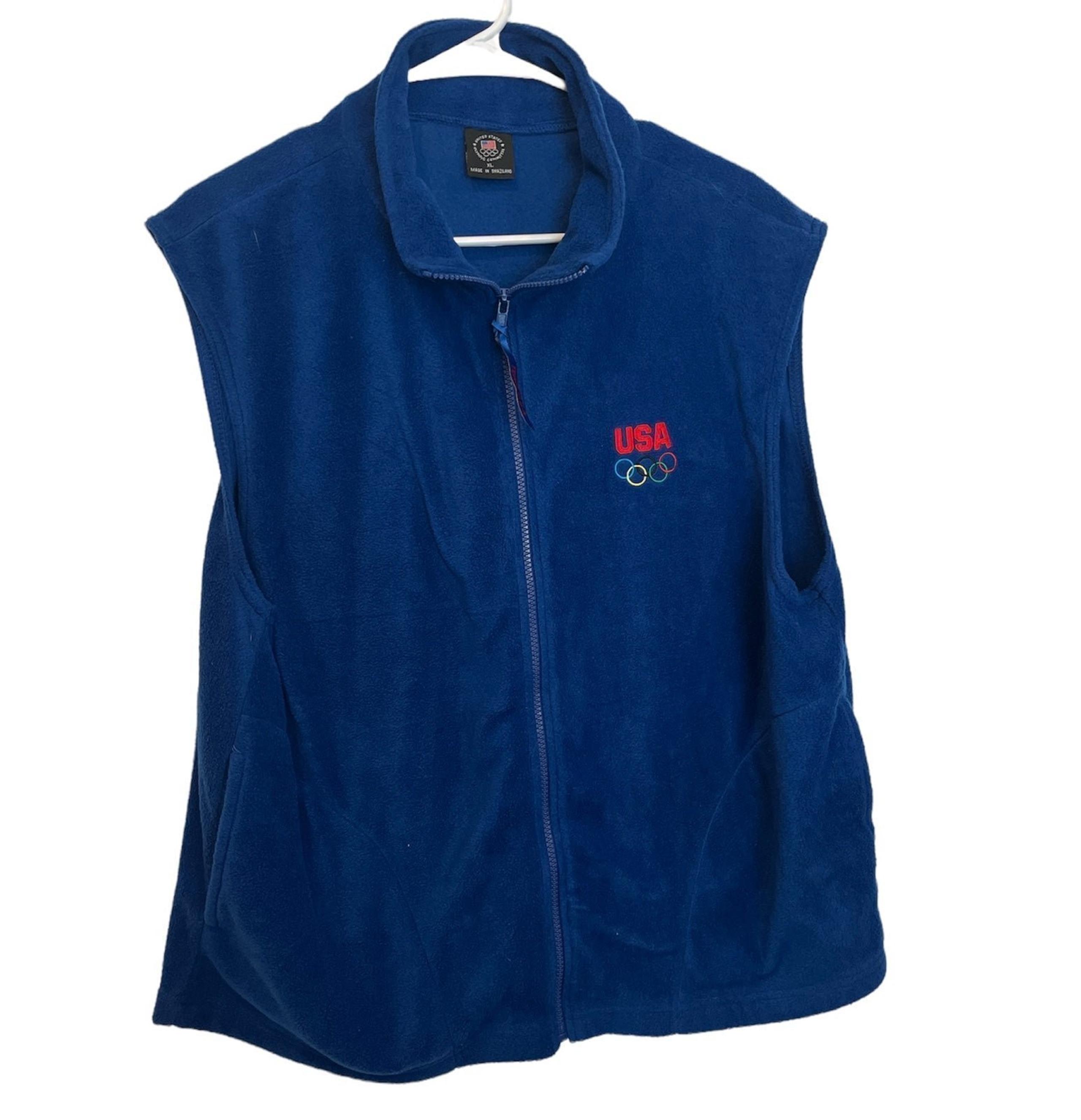 Olympic Committee USA Men's Blue Sleeveless Fleece Vest Jacket XL Full Zip Rings