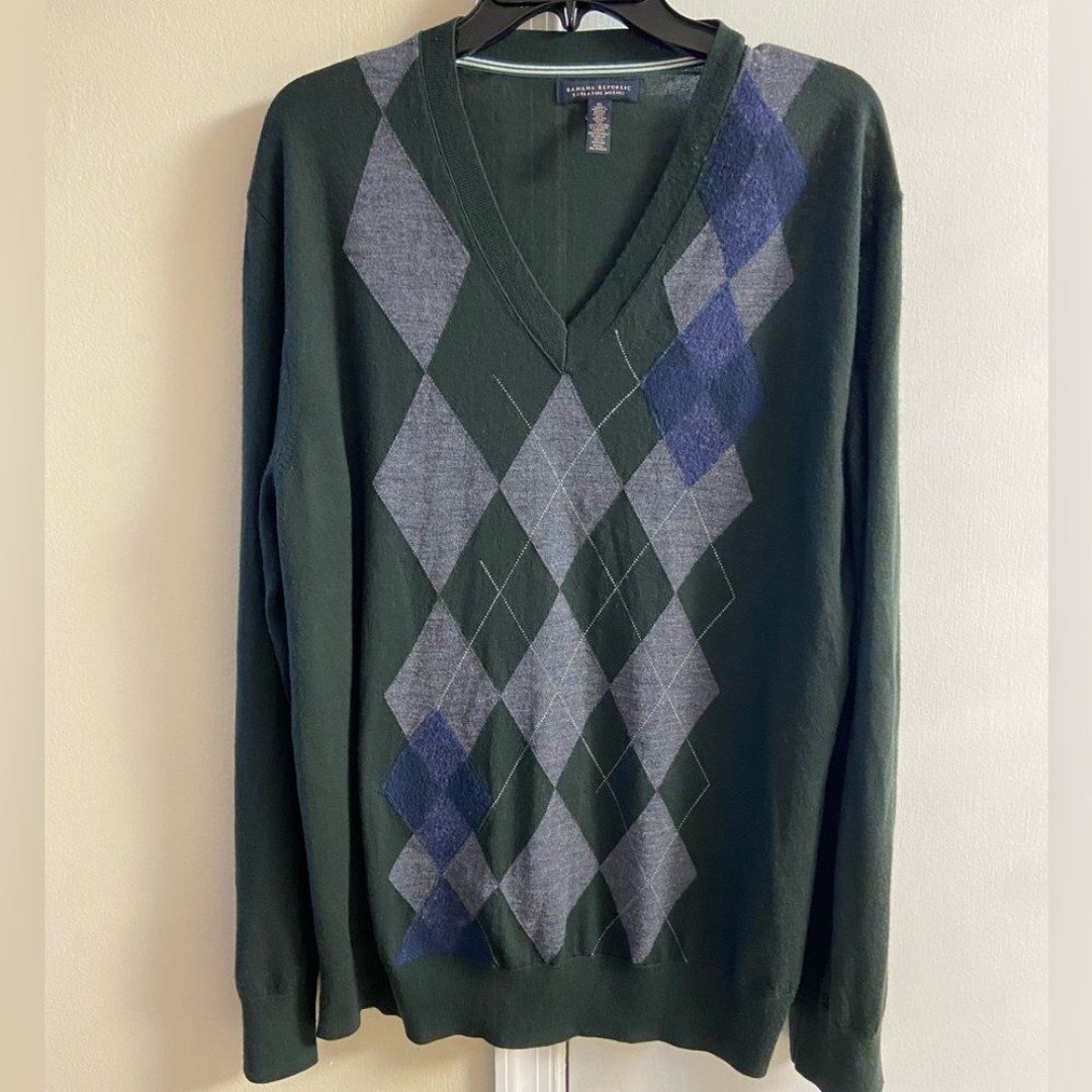 Banana Republic sweater men v neck pullover argyle extra fine merino wool XL