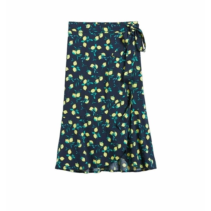 ❤️Women's Petite Skirt Sz 4P Banana Republic Tiered Wrap Midi Navy Yellow lemon