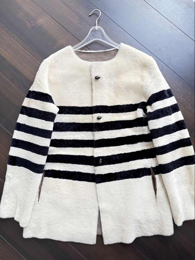 Unrequited Henry Cuir No Collar Shearling Coat with Border Pattern