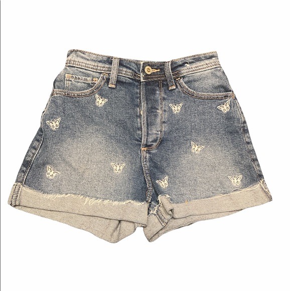 Hollister Curvy Ultra High-Rise Mom Shorts 3 Butterfly Embroidery Size 23
