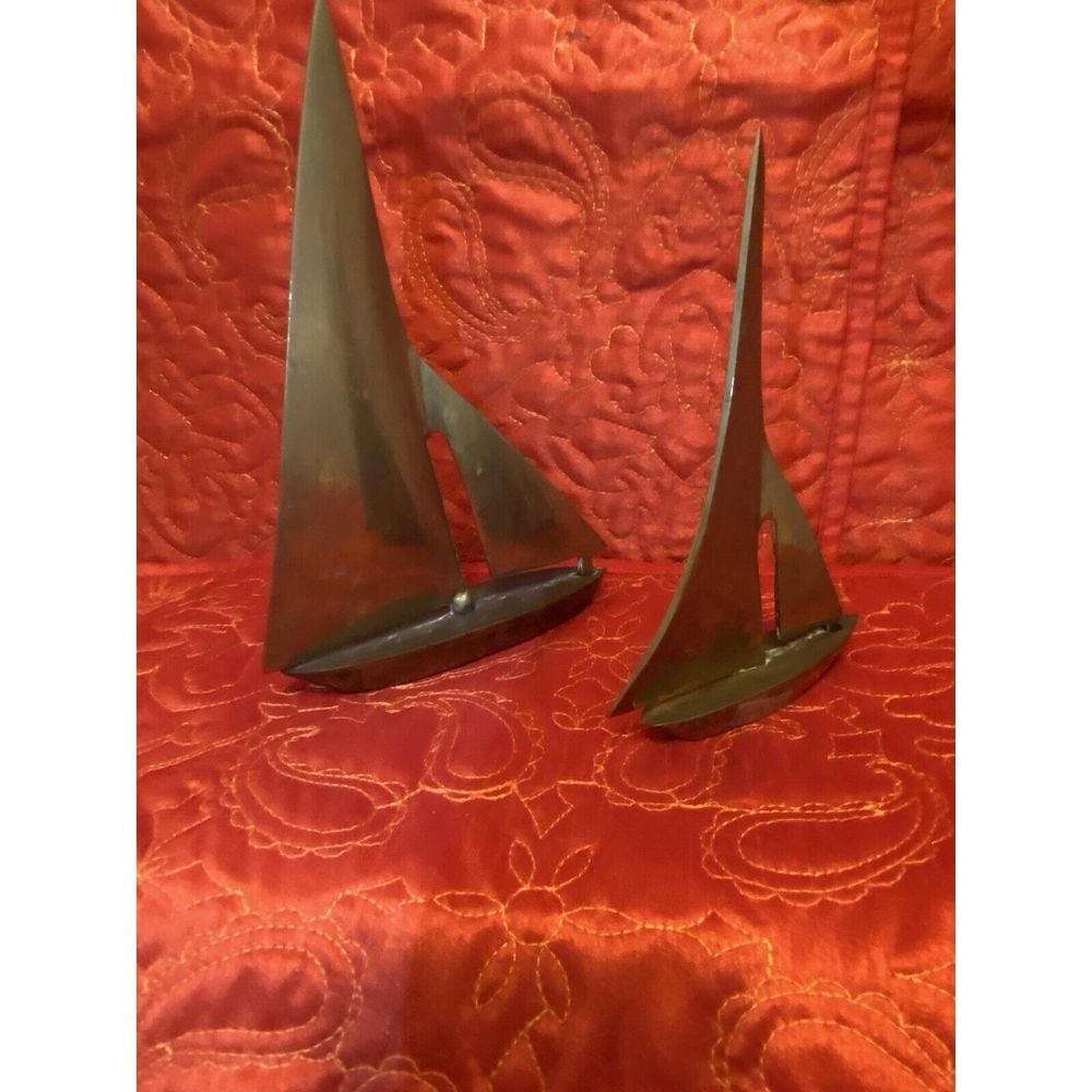 MCM Vintage Brass Sailboat Set 6 & 7.75 Tall Mid Century Modern Solid Taiwan