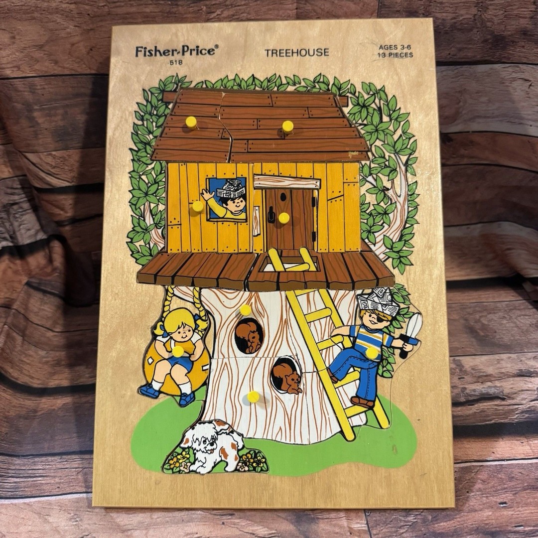 Vtg 1977 Fisher Price Pick Up & Peek Wood Puzzle 518 Treehouse 13 Pieces Holland