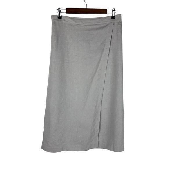 Eileen Fisher Organic Linen Faux Wrap Front Skirt Silver Gray Small