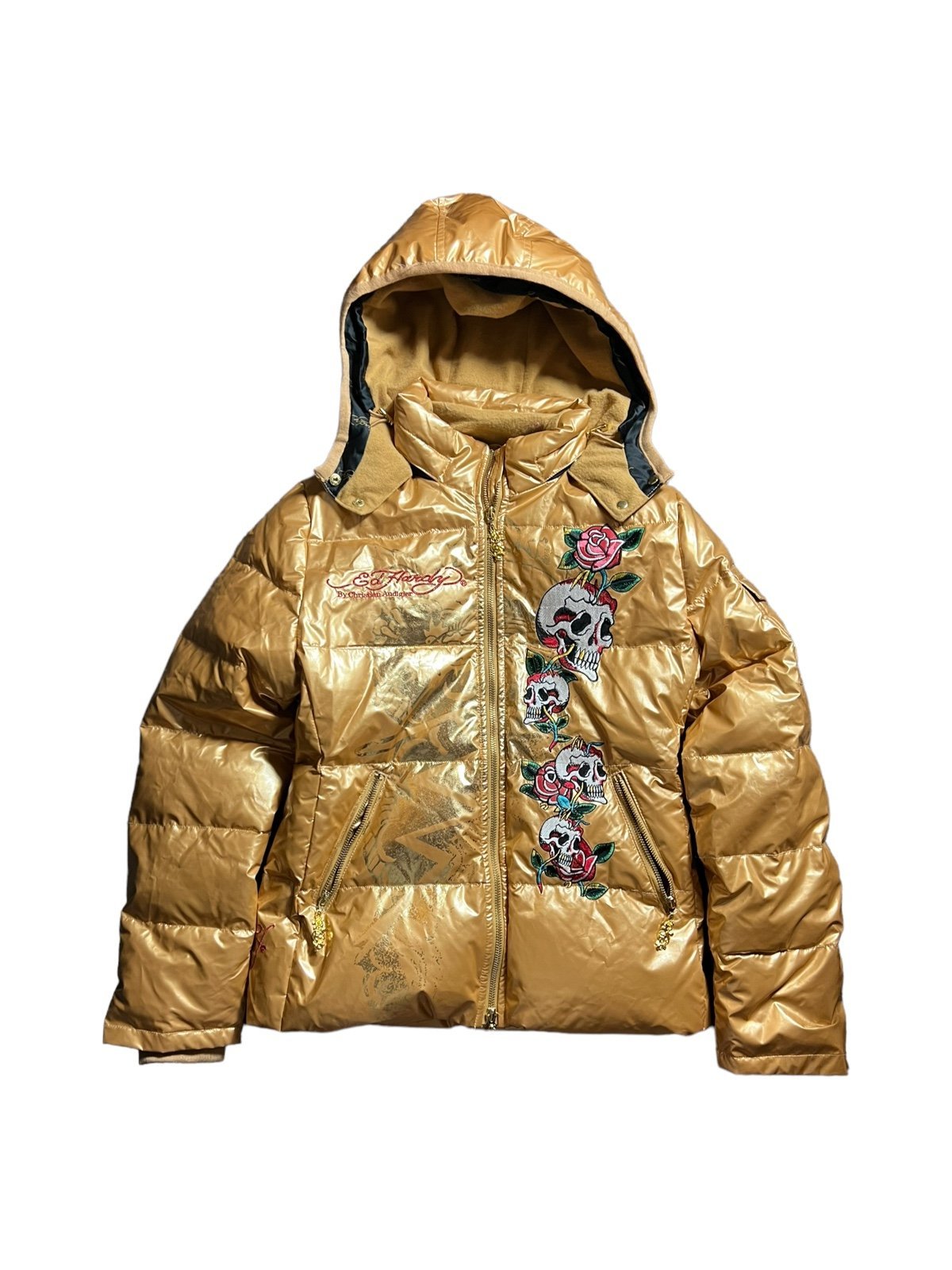 SIZE SMALL. ED HARDY by Christian Andigier. Y2K Vintage RARE Gold Puffer jacket