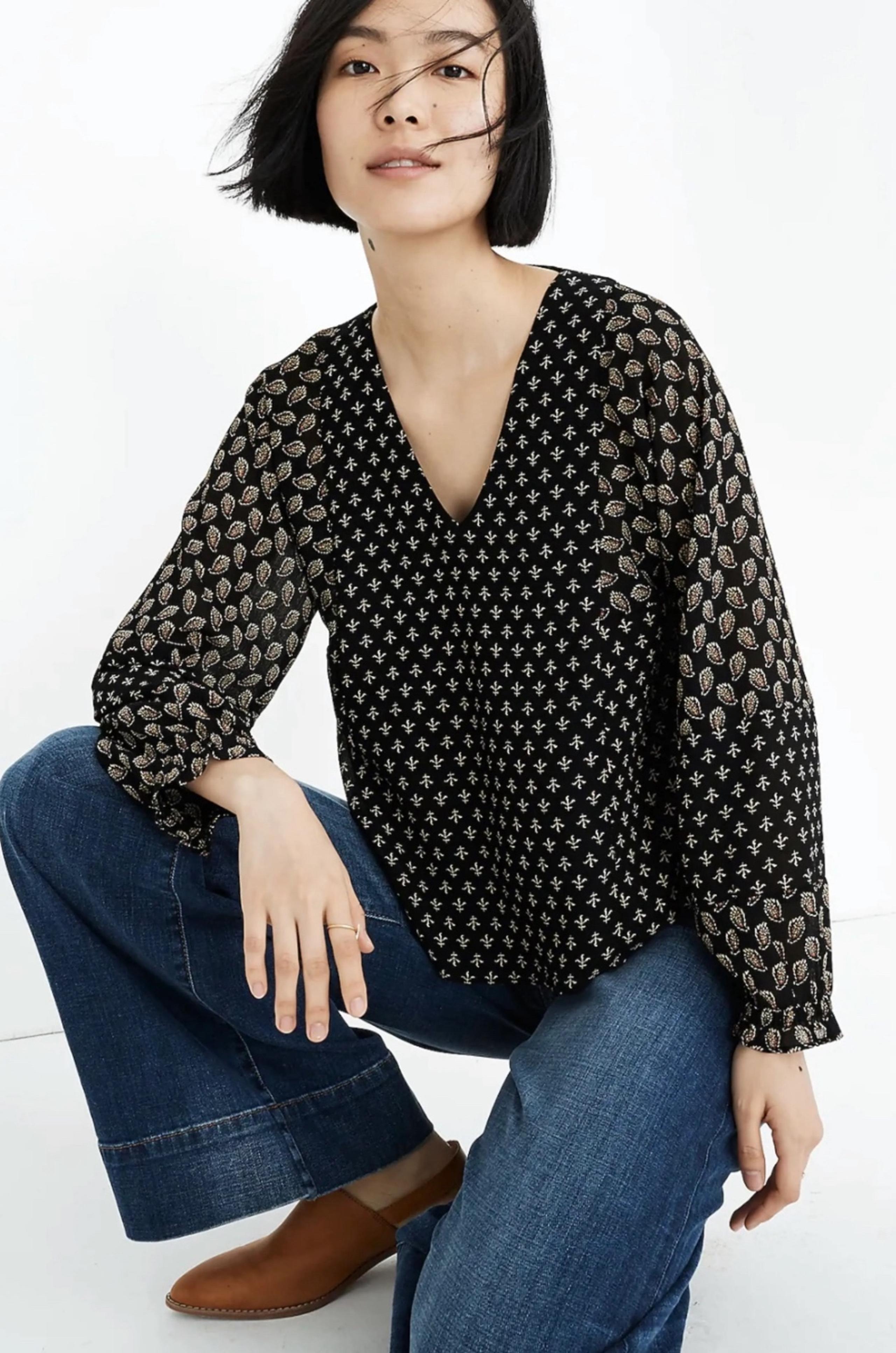 MADEWELL Brushstroke Paisley Black & Brown Chiffon Long Sleeve Blouse Medium