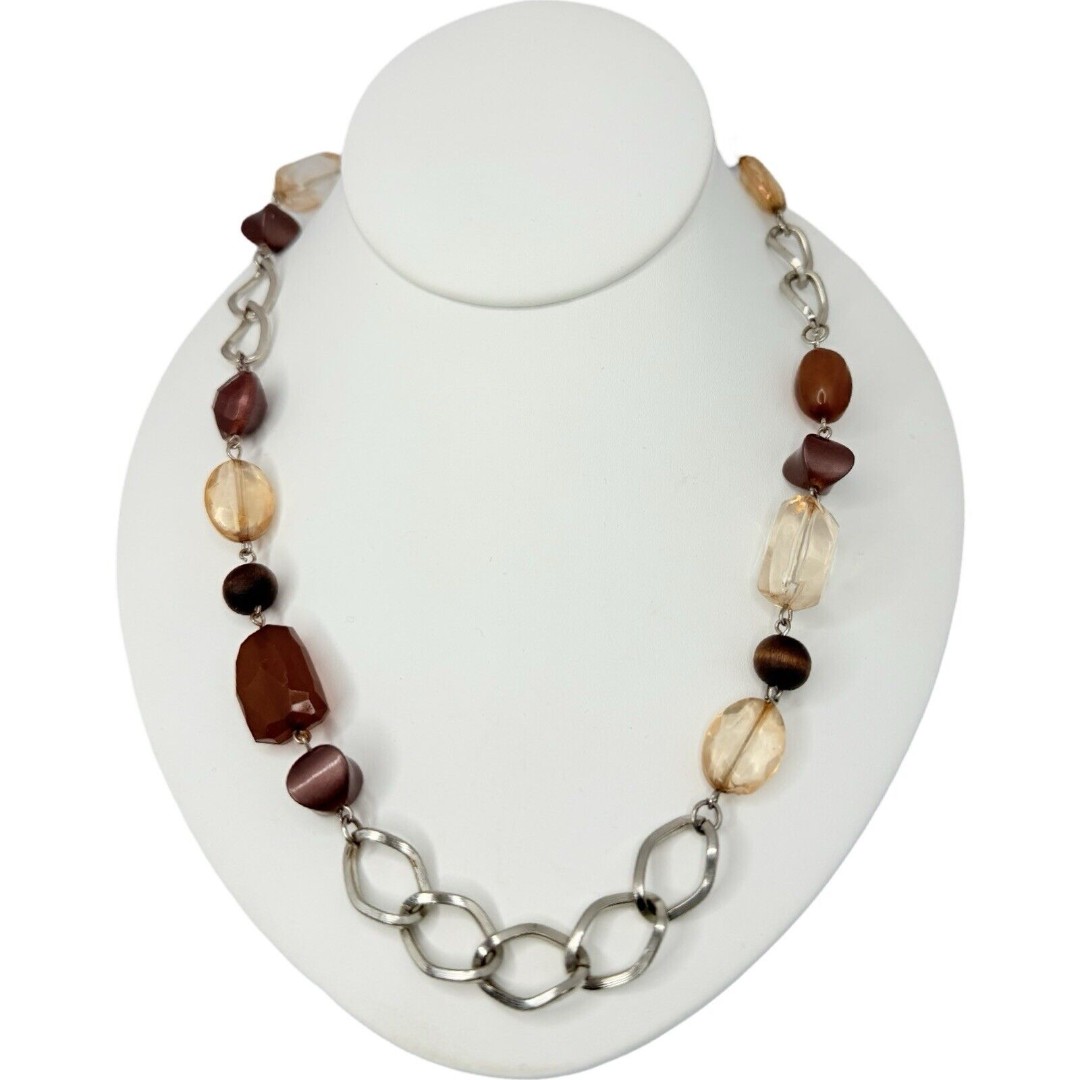 VTG Brown & Gold Tone Icy Glass Beaded Station Necklace 30 Silver Tone Boho