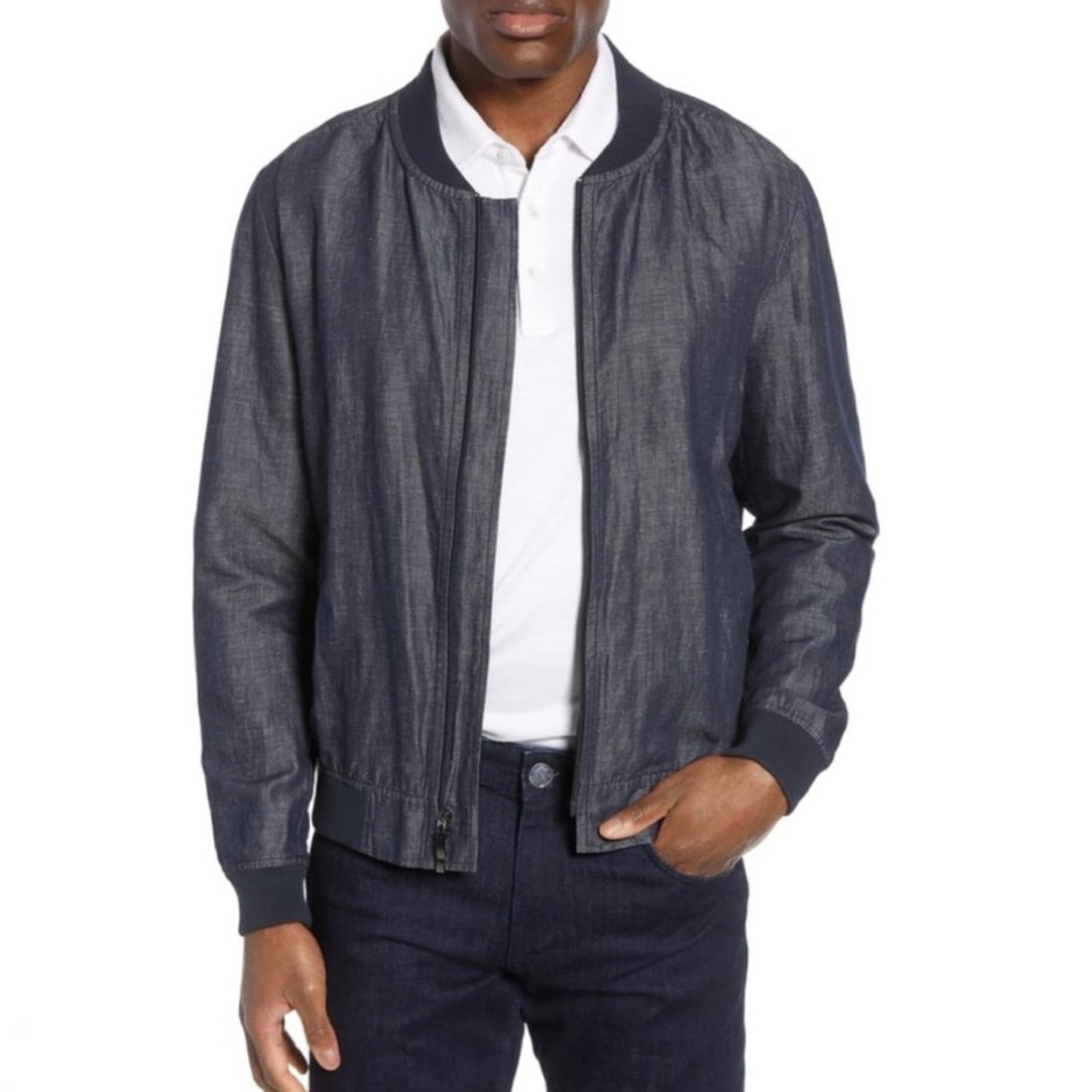 Robert Barakett bishop's falls bomber jacket linen cotton lightweight blue Sz XL