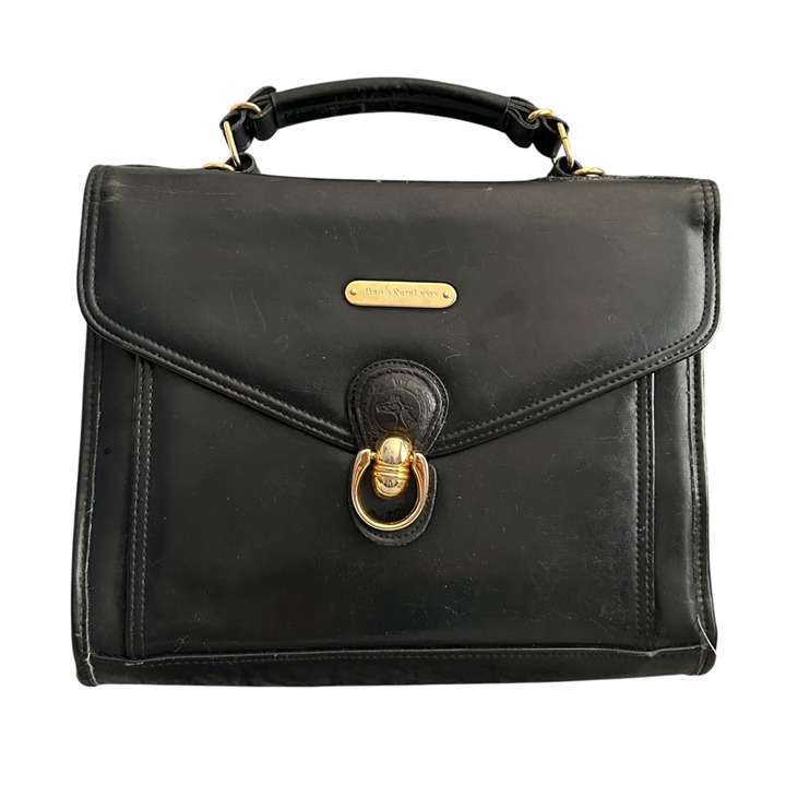 Polo Ralph Lauren Black Leather Top Handle Bag W/ Gold Hardware & Embossed Logo