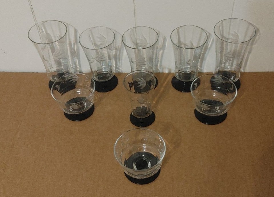 Vtg Weston Glass Louis Panel Etched Floral Optic Black Footed Drinkware set of 9