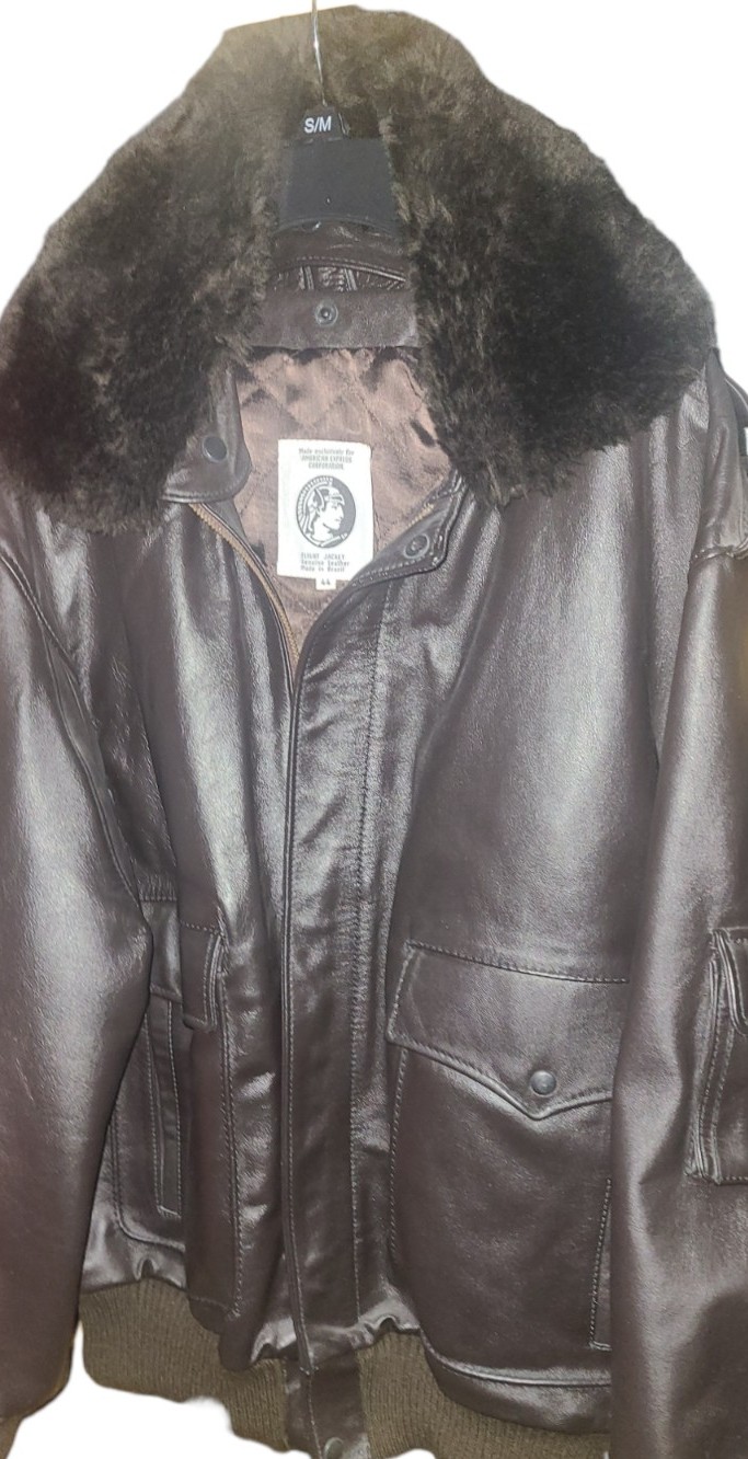 American Express Mens Flight Jacket Size 44 Brown Zip Up Genuine Leather Vintage