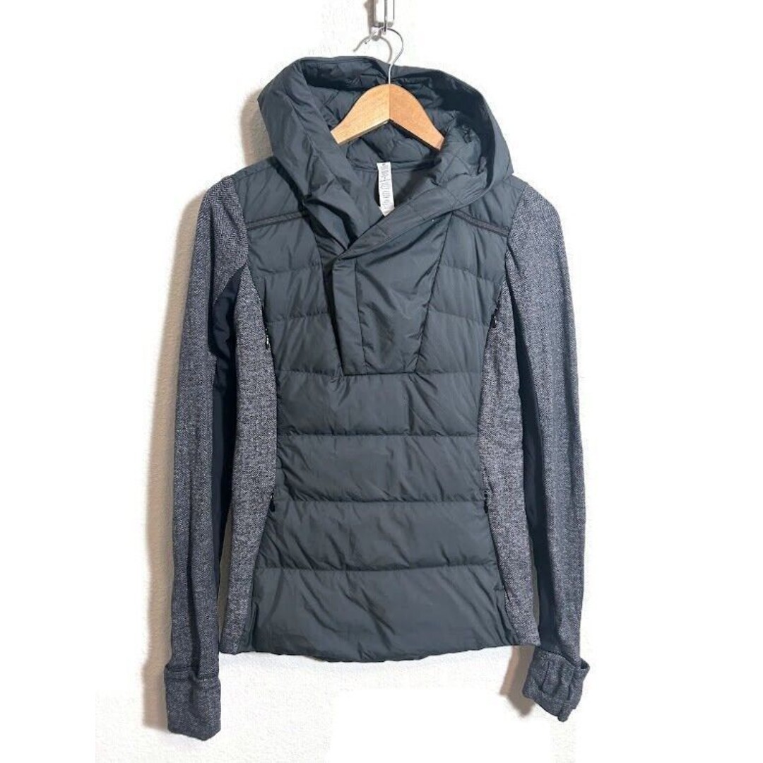 Lululemon Fluff Off Pullover Down Grey Herringbone Hooded Jacket 4