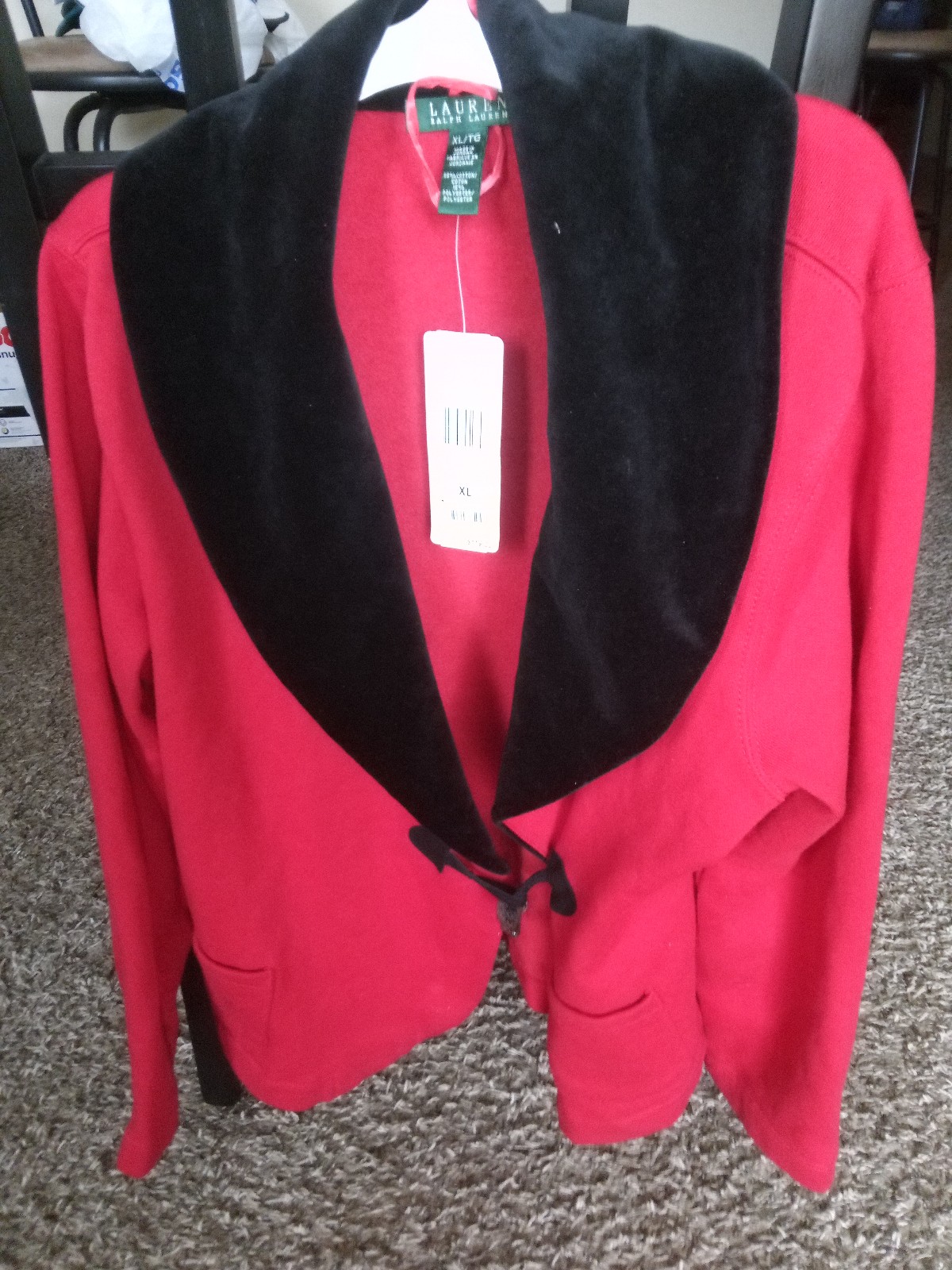 Women's Ralph Lauren Red Black Velvet Toggle Knit Sweatshirt Large Blazer Jacket