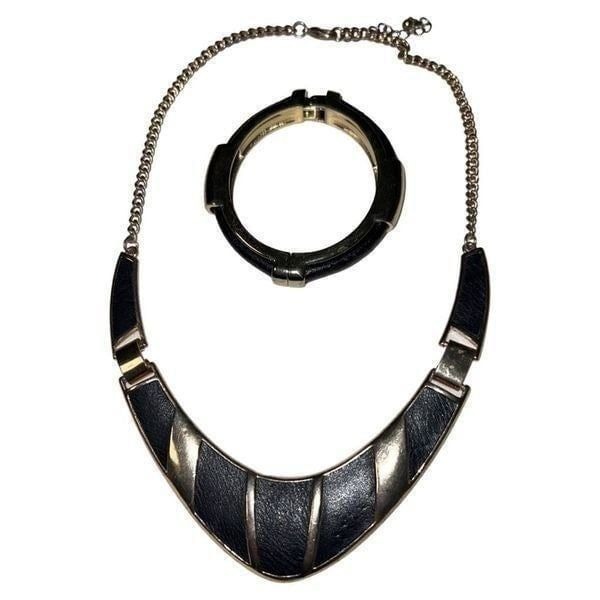 Vintage Leather & Gold Retro 80s Matching Necklace & Bracelet Rockin Jewelry Set