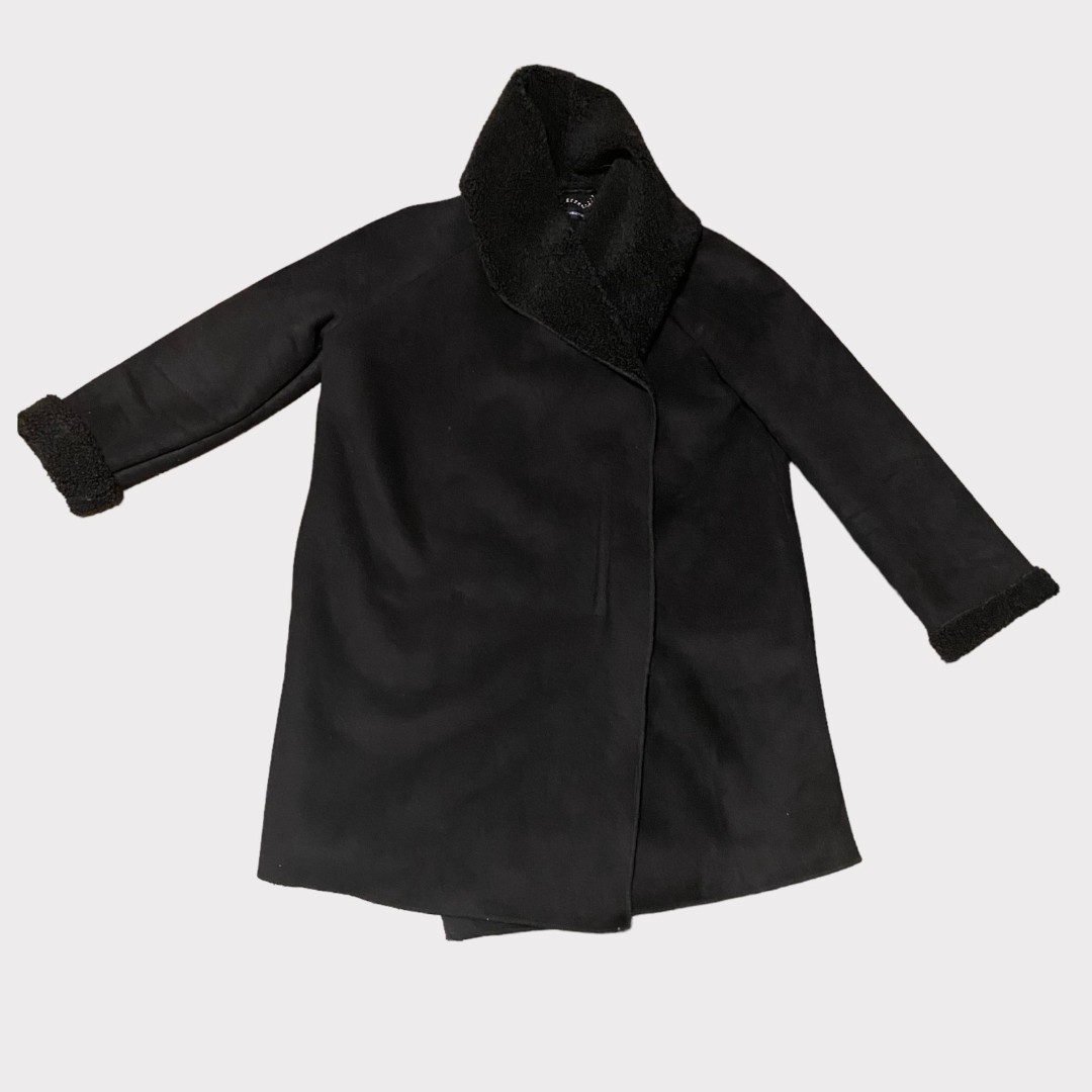 French Connection faux suede and fur trimmed black dress coat S
