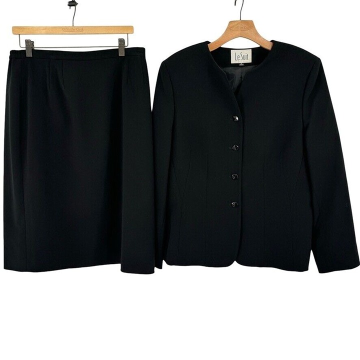 Le Suit collection Womens Skirt Suit Size 14 black blazer jacket lined career
