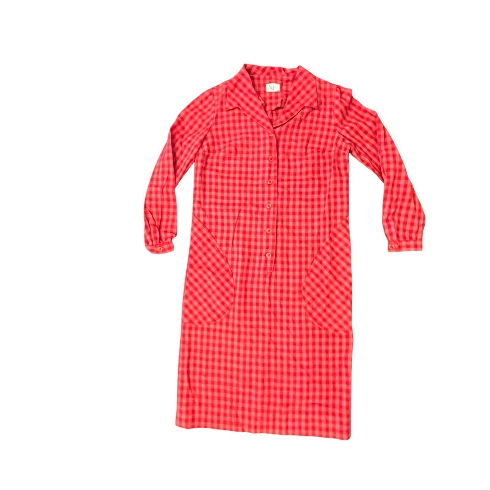 Vintage 50s Lorch Of Dallas Checkered Shirt Dress Buttons Long Sleeve Med/LRG