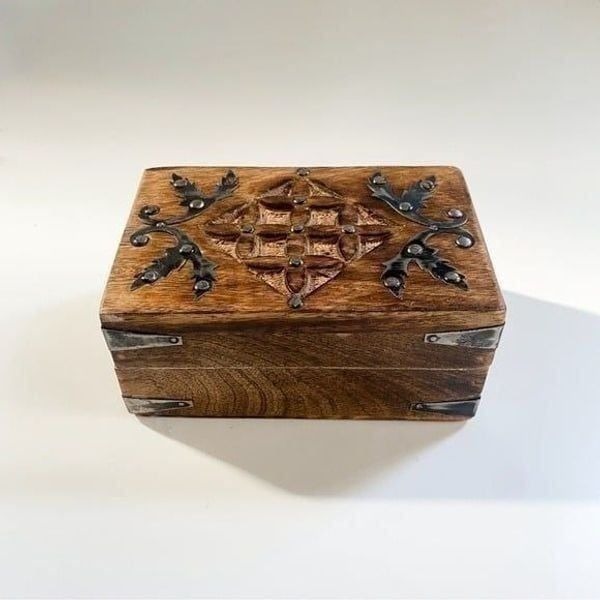 Antique Wooden Jewelry Box with Iron Accents
