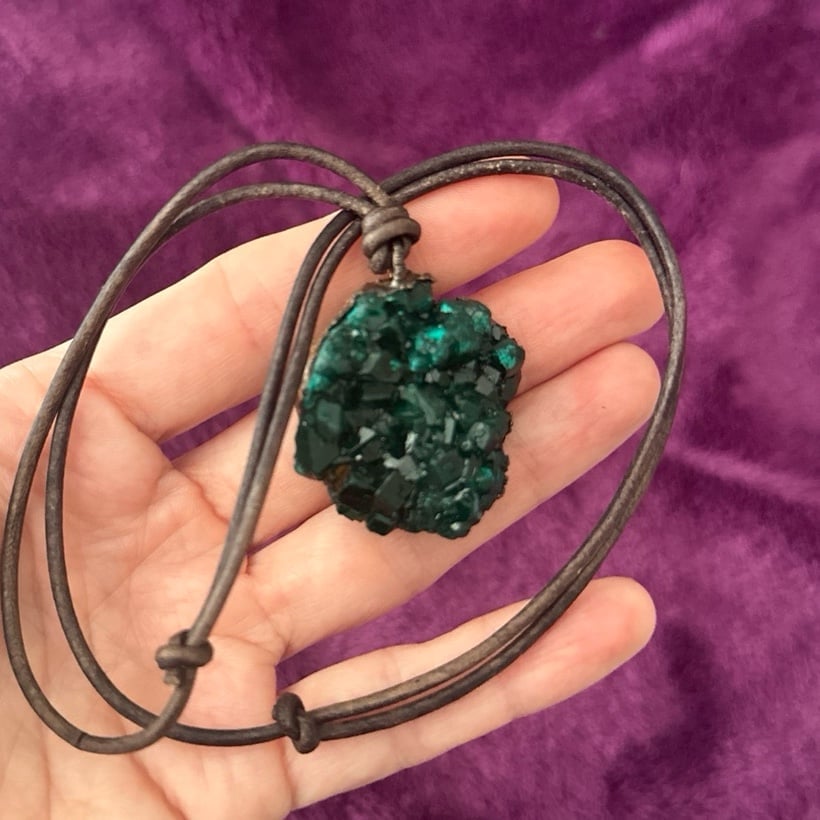 Real Dioptase in brass. OOAK Necklace.
