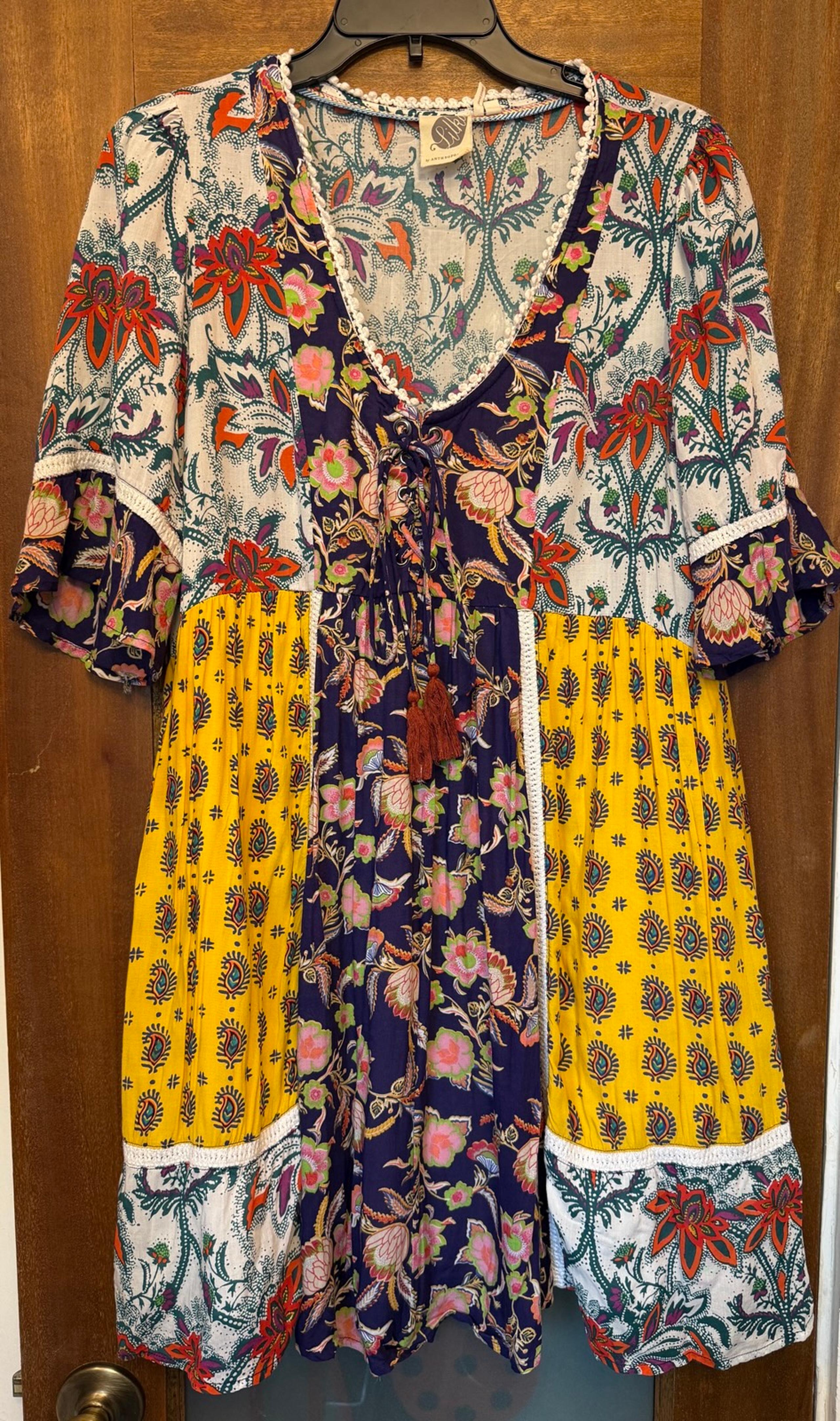 Anthropologie Lilka Patchwork Colorful Trapeze Babydoll Boho SS Tunic Dress-S