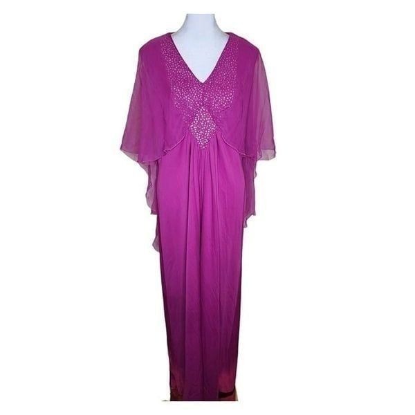 Vintage 70s Lily Lynn Maxi Kaftan Dress Womens Size L Purple Sheer Capelet