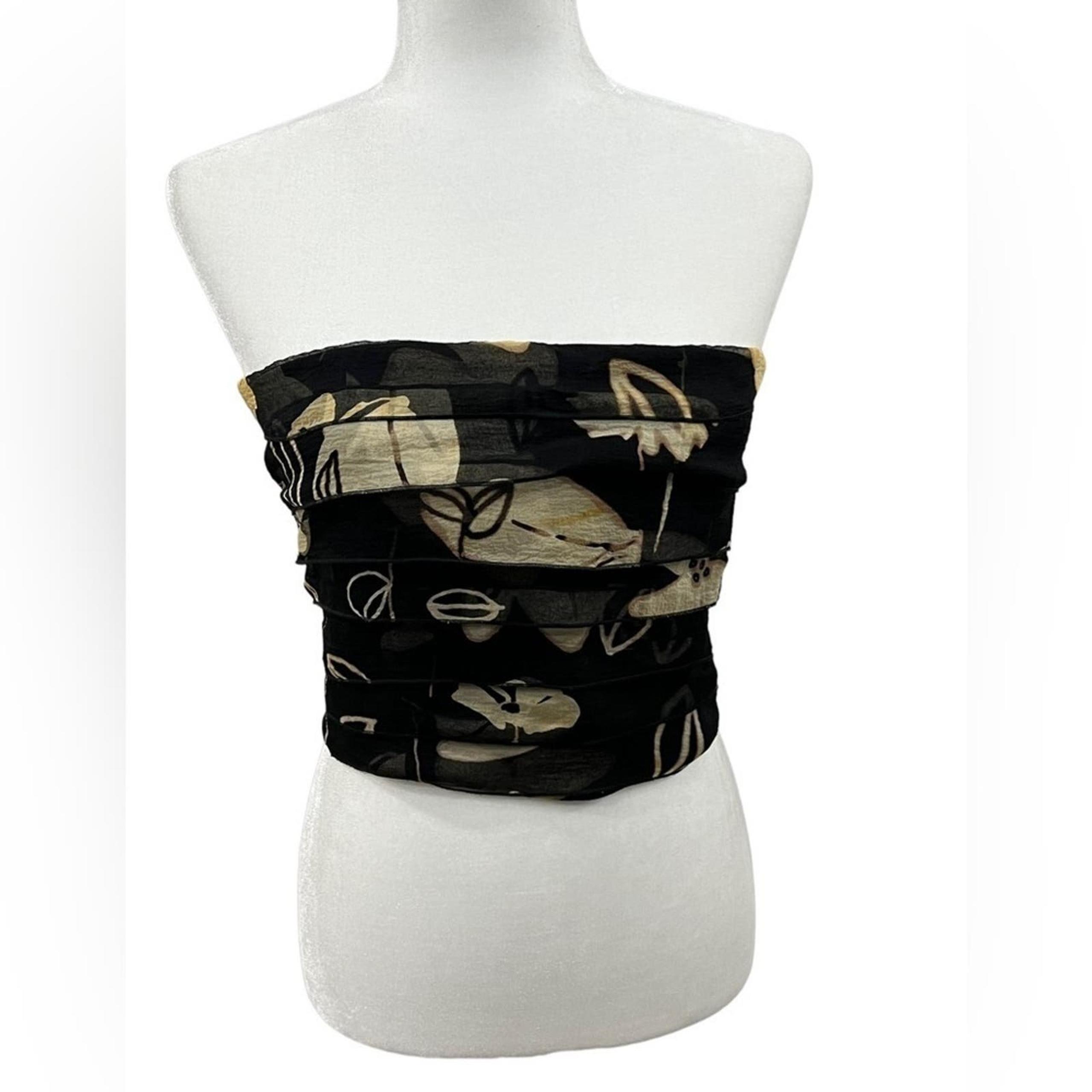 Armani Collezioni Silk Bandeau Sz 6 Black & Beige Floral Layered Strapless Top
