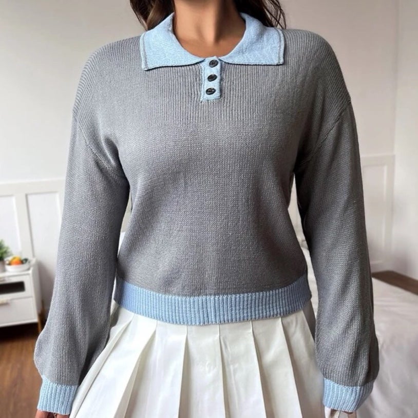Preppy Colorblock Polo Neck Sweater (Grey/Blue)