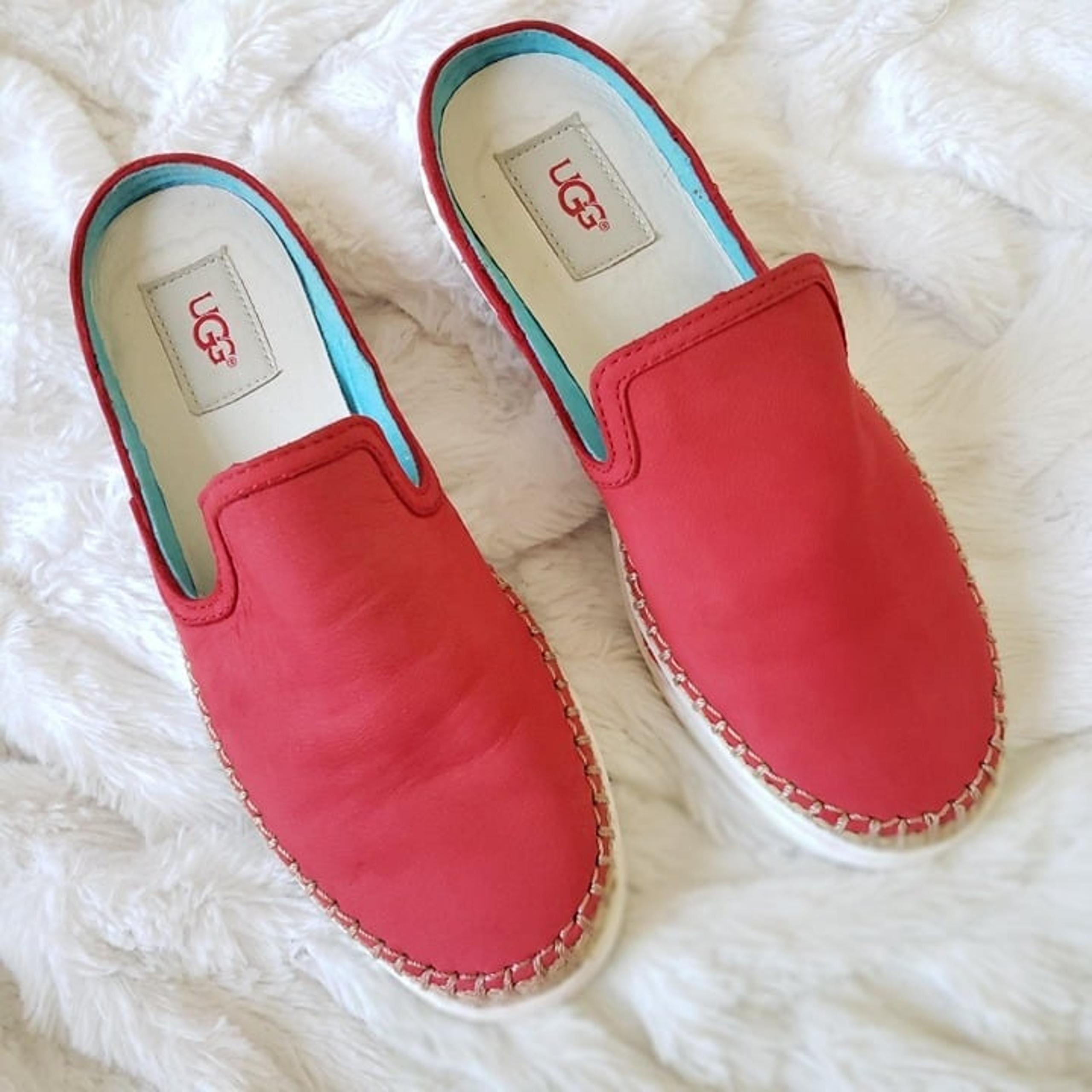 UGG Caleel Leather Espadrille Slip On Mules Flats Red Women's Size US 7 / EU 38