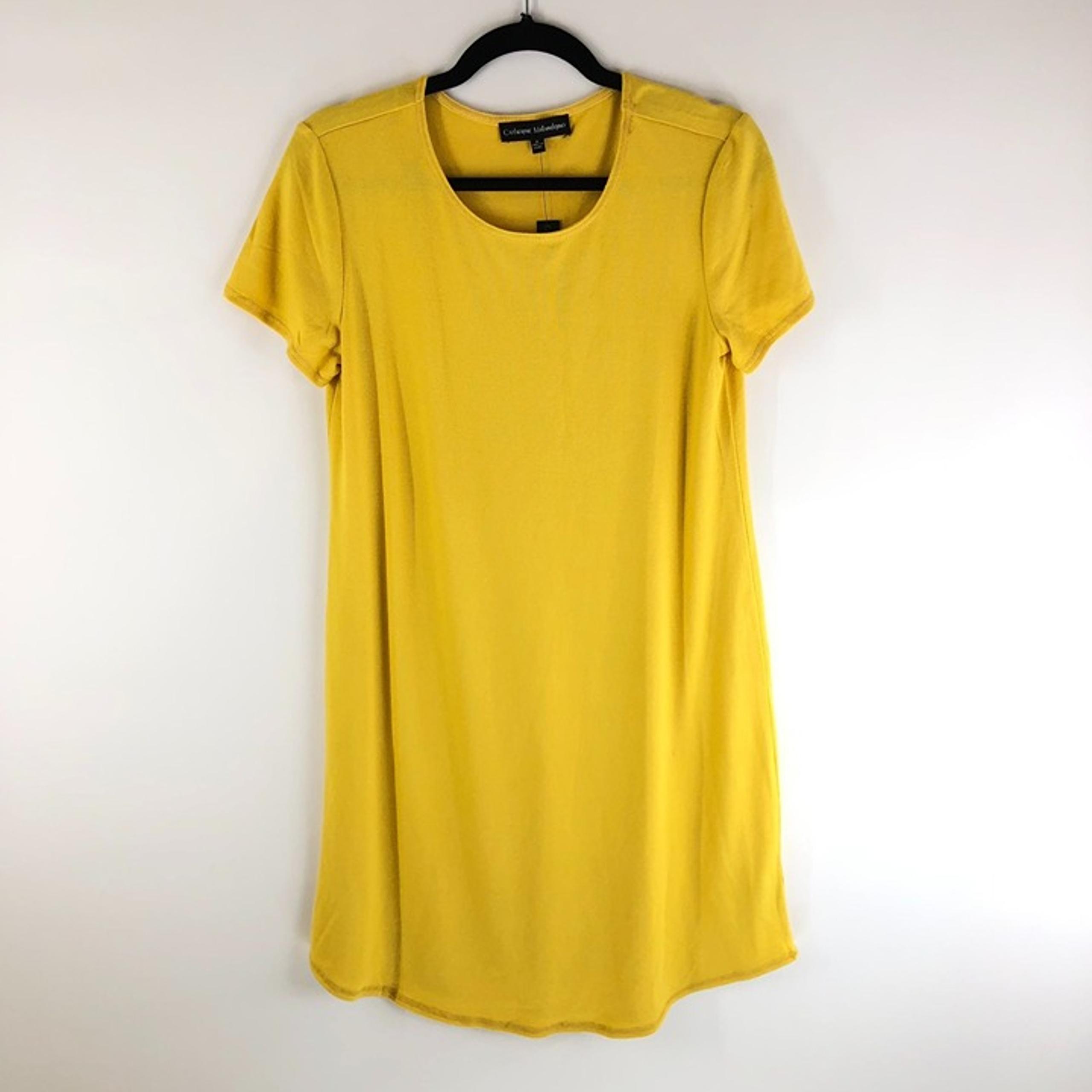 Catherine Malandrino T Shirt Dress Scoop Neck Short Sleeve Mini Yellow Medium