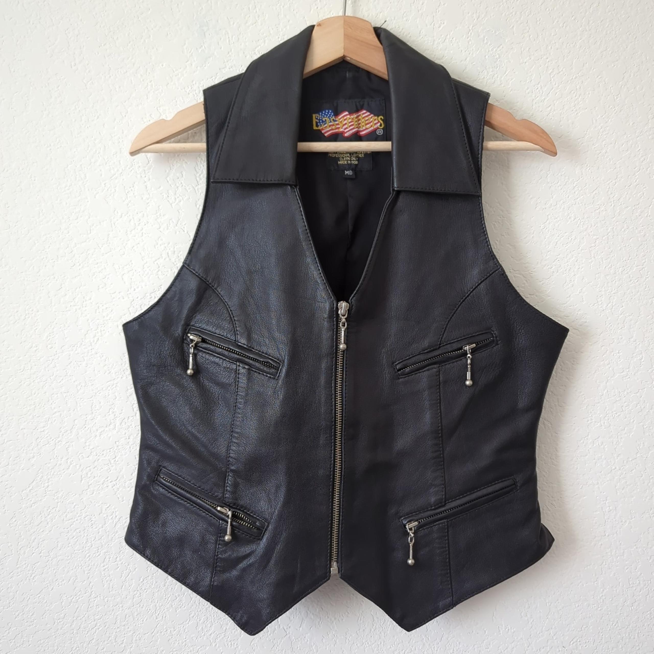 Vintage Easy Rider Womens Leather Biker Vest Black Fitted Size Medium Zip Chalet