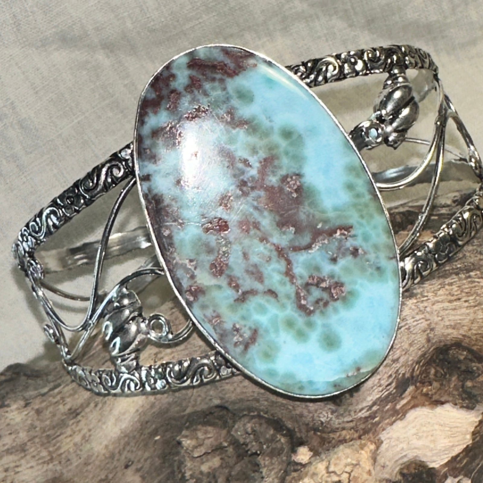 Huge Caribbean Larimar Gemstone Artisan handcrafted statement cuff