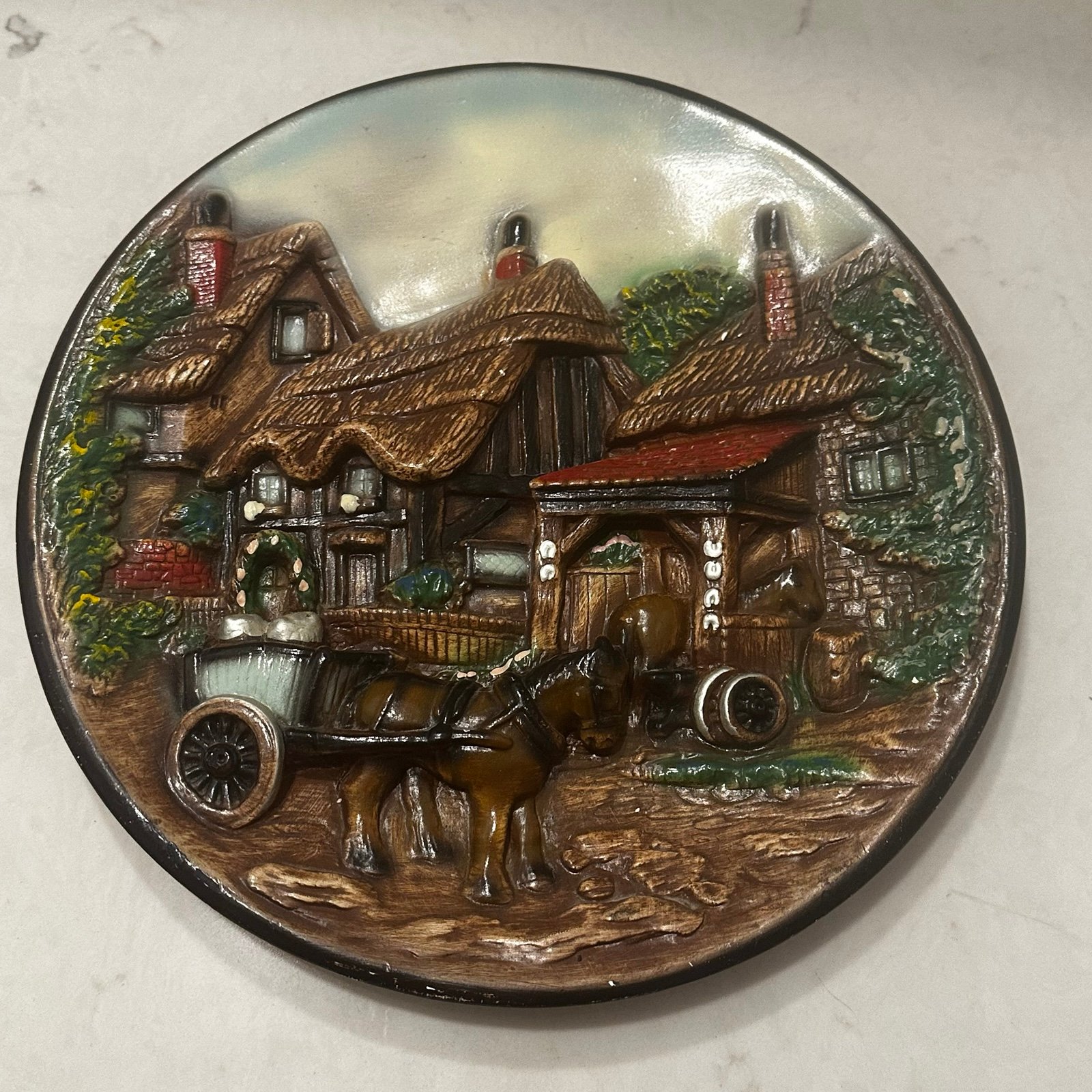 Vintage 1950s 3D Round 11” Chalkware Plaque Plate Horses Villages Cottage
