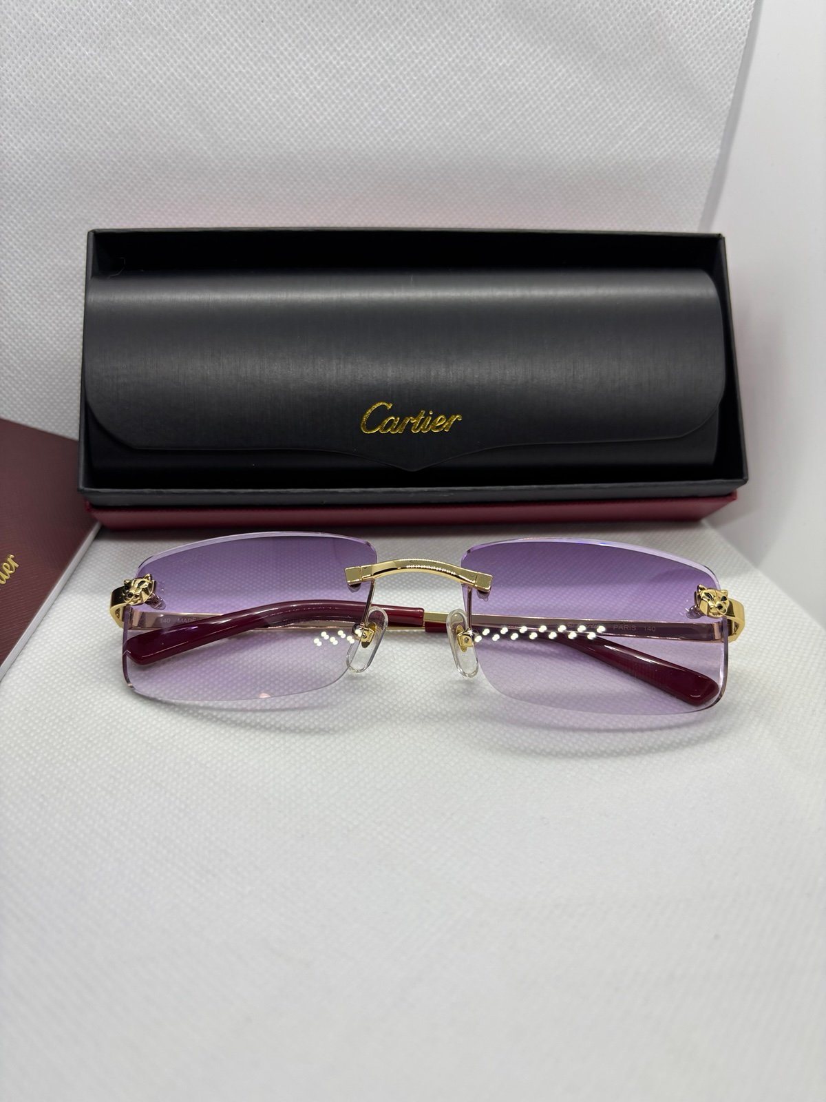 Cartier Panther Glasses Purple Lense Gold Frame Red Tips