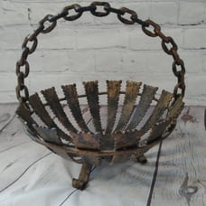 Vintage Metal Basket With Fused Chain Handle And 3 Feet Made In Spain 9.5 Inch
