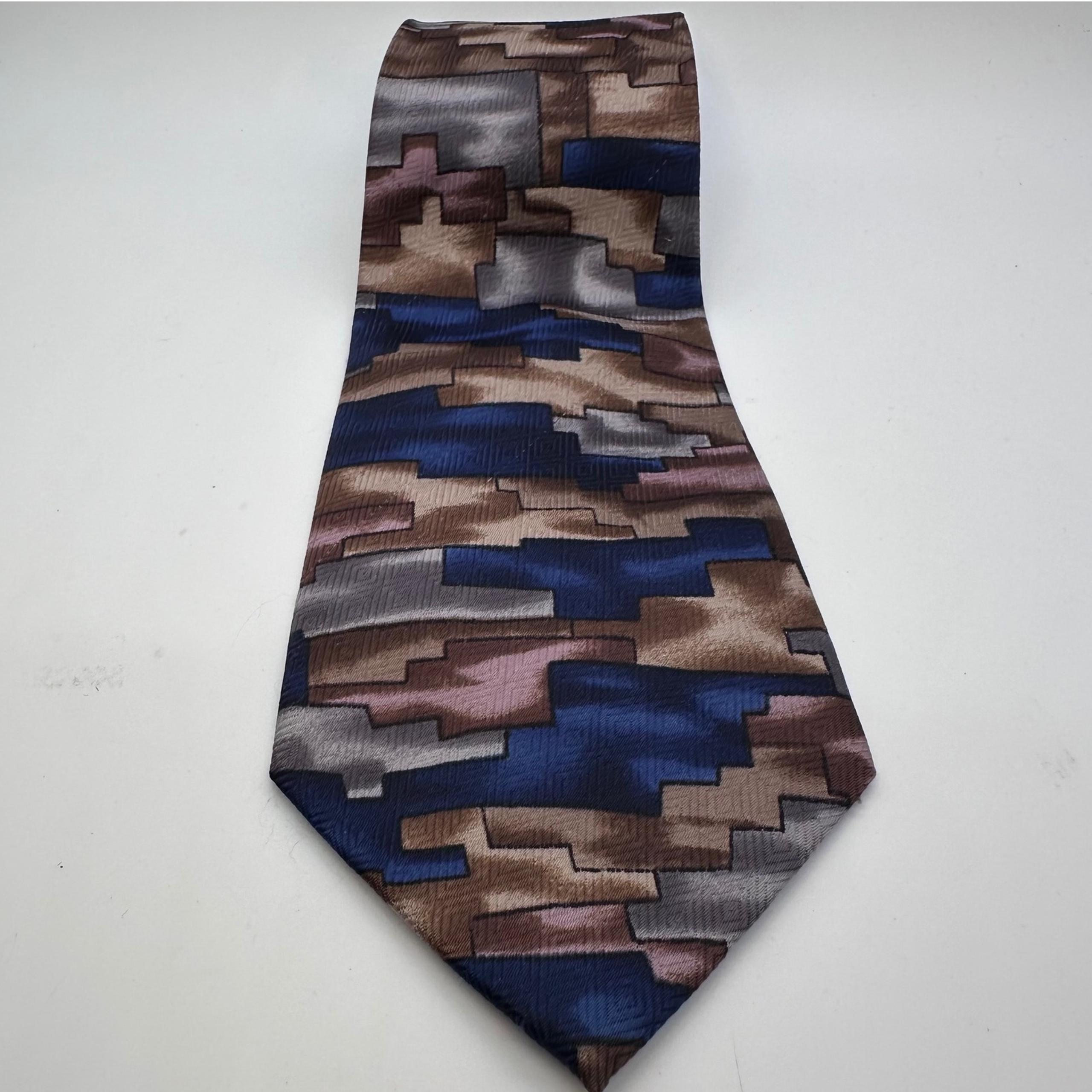 Fratello Necktie Blue Brown Abstract Geometric Pattern Silk Blend Tie
