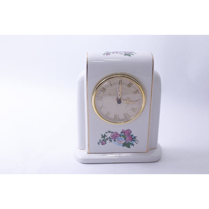 Paul Sebastian, White Mantel Clock, Porcelain, Floral, Shelf, Table Clock, 1996,