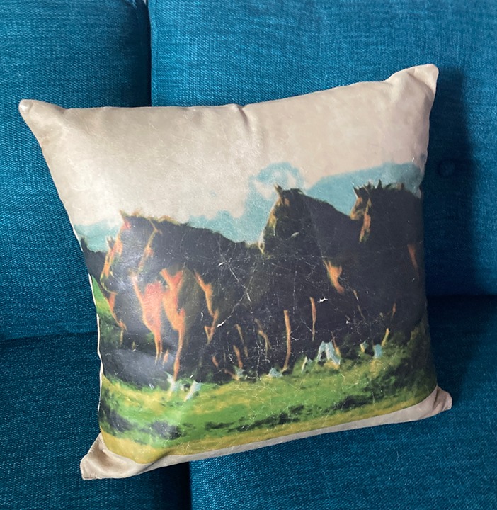 Vintage Leather Throw Pillow Western Galloping Horse Scene Rare!