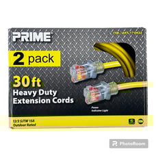 Prime 30 ft Heavy Duty Extension Cords, 2-Pack, Yellow w/ Power Indicator Light