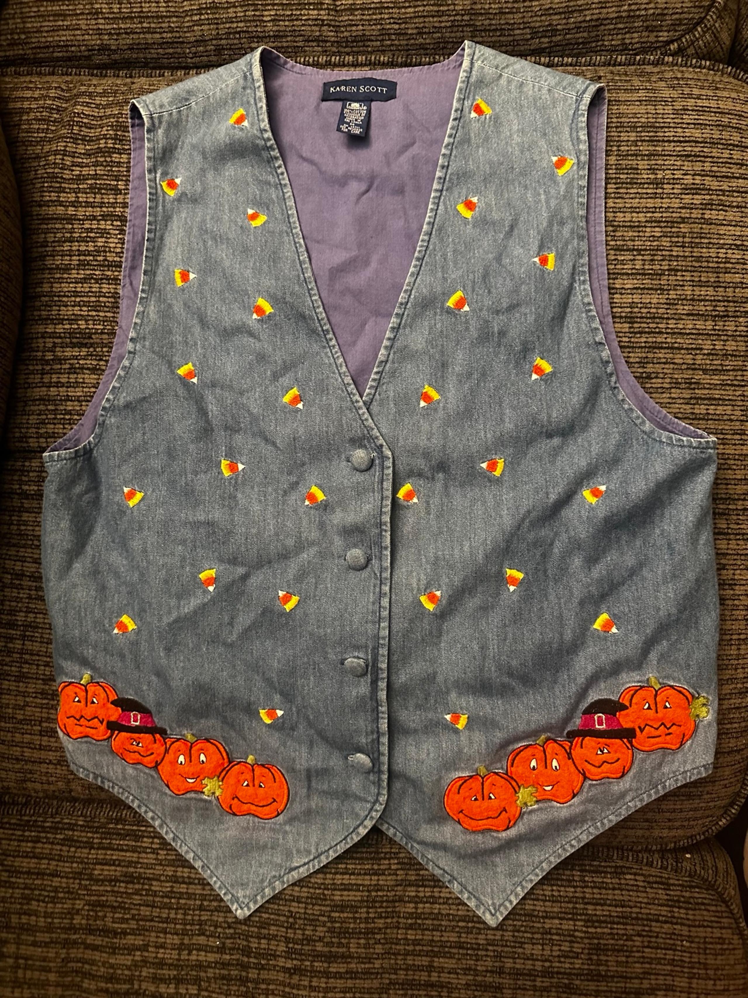 Womens Vintage Karen Scott Halloween Candy Corn Pumpkin Lined Denim Vest M