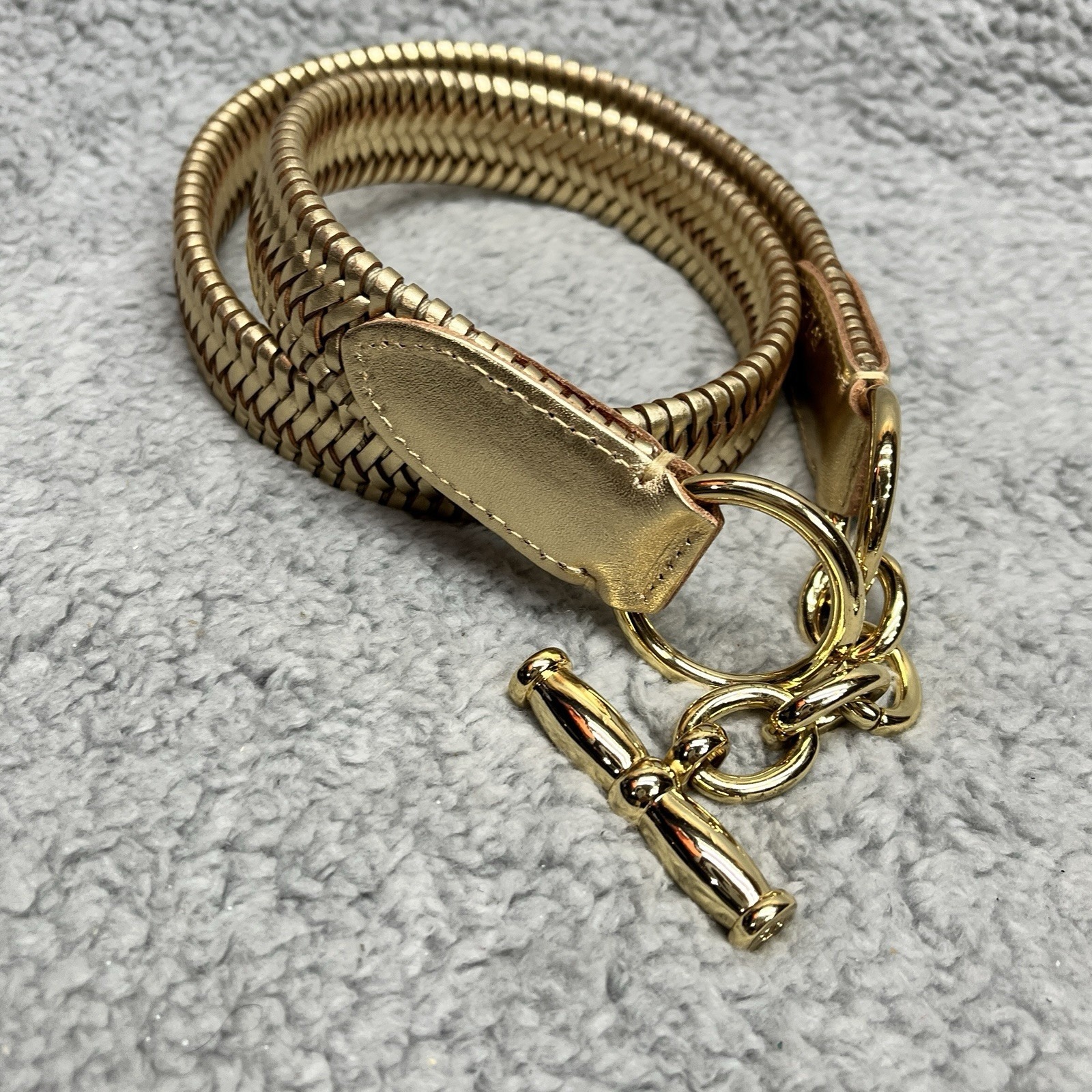 Lauren Ralph Lauren Gold Braided Belt Womens M Genuine Leather Toggle Preppy