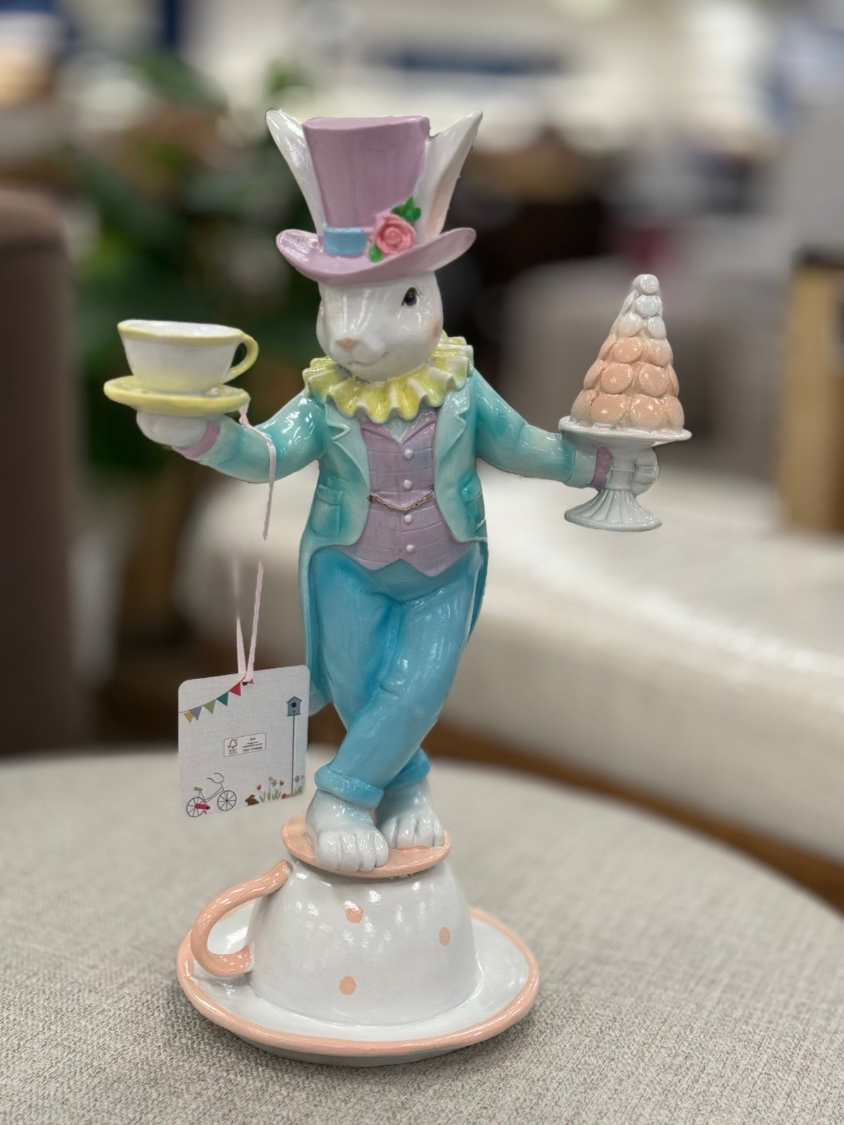 Tea cups easter bunny statue