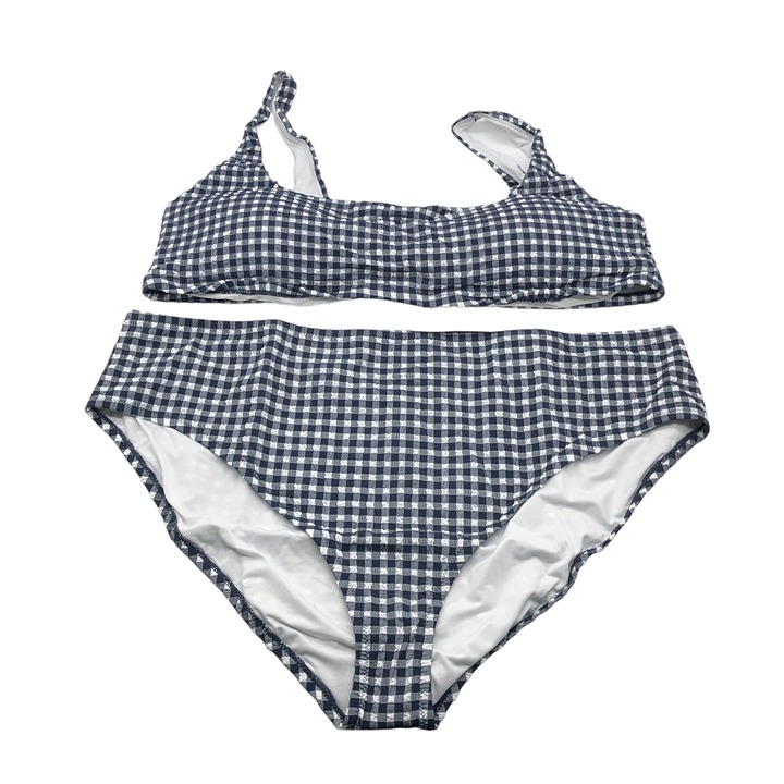 J Crew Bikini Set Squareneck Top High-Rise Bottom In Gingham Navy Blue White 3X