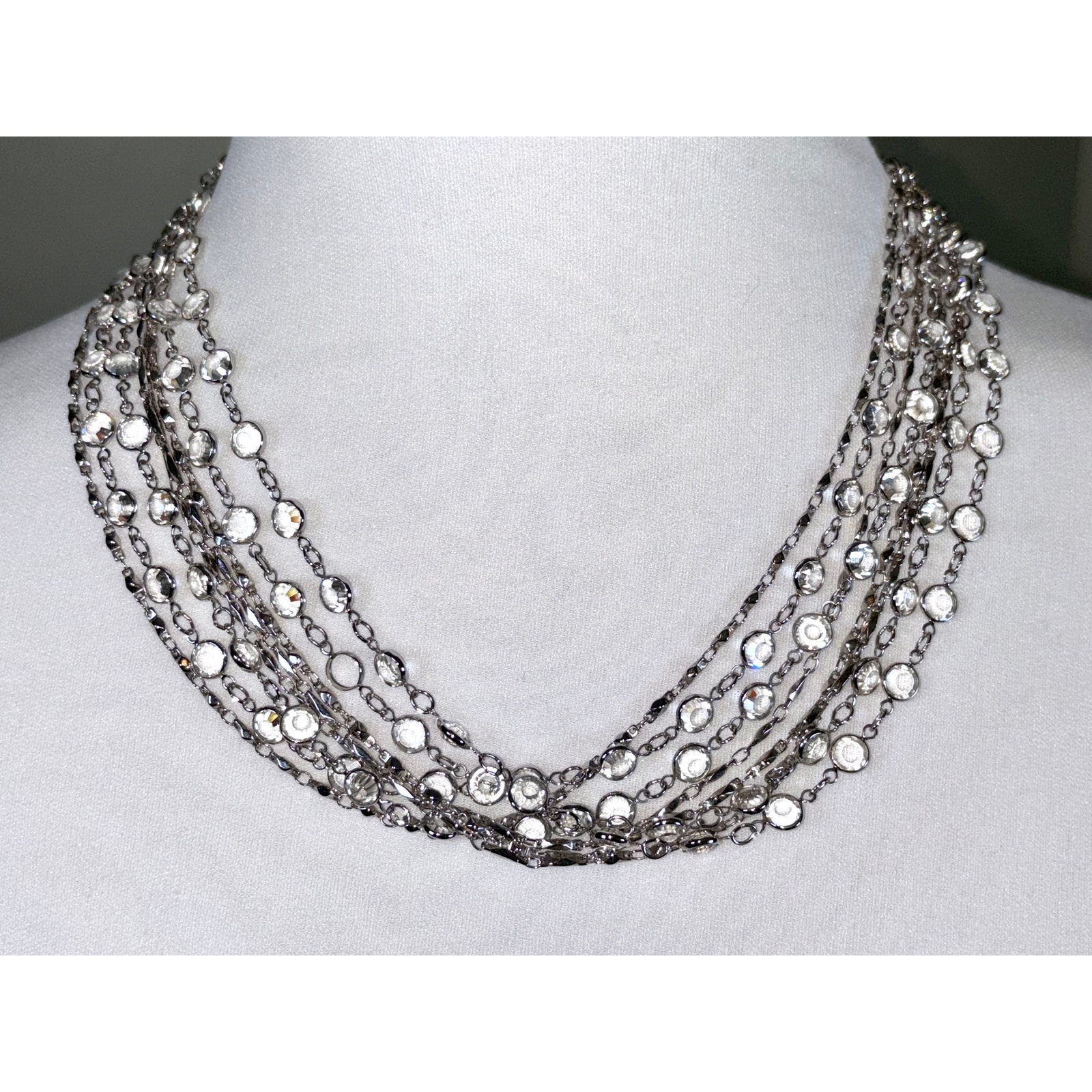 Swarovski Swan Crystal Open Bezel Rhodium Multistrand Statement Necklace