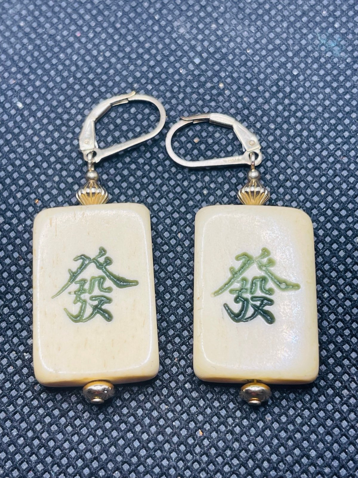 Vintage 1/20th 10k gold filled Asian mahjong like bone dangling earrings